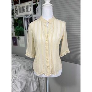 Old Navy 100% Silk Blouse Cream Ruffle Mandarin Collar Button Up Sz S 2005 Y2K